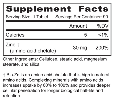 MBi Nutraceuticals Bio-Zn Zinc 30mg 90 Tablets