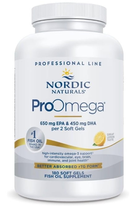A bottle of Nordic Naturals ProOmega supplement with the label showing it contains 180 soft gel capsules for supporting joint and heart health.